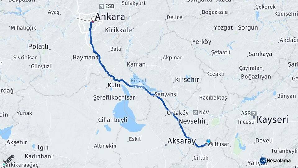 Nevşehir Derinkuyu Ankara Arası Kaç Km - Yol Haritası