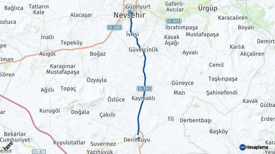 Nevşehir Derinkuyu Arası Kaç Km - Yol Haritası