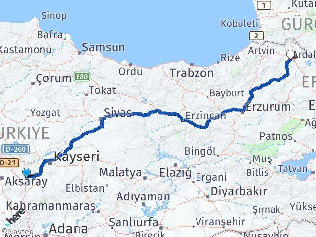 Nevşehir Derinkuyu Ardahan Arası Kaç Km - Yol Haritası