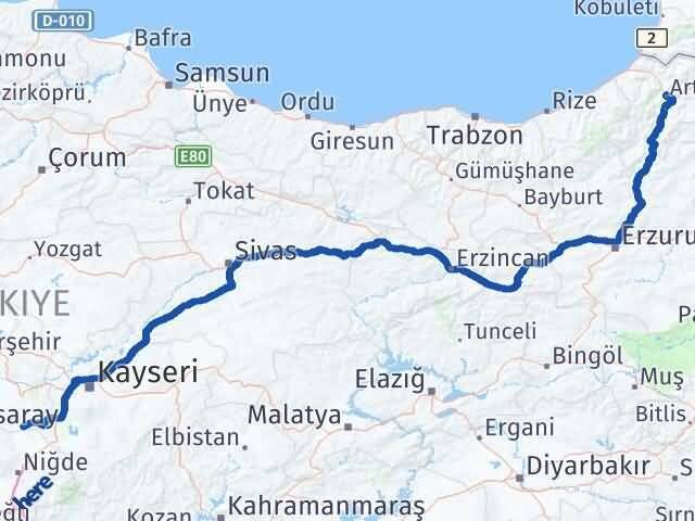 Nevşehir Derinkuyu Artvin Arası Kaç Km - Yol Haritası