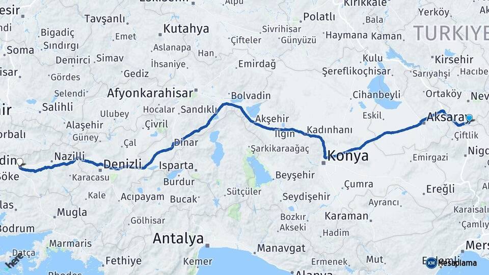 Nevşehir Derinkuyu Aydın Arası Kaç Km - Yol Haritası
