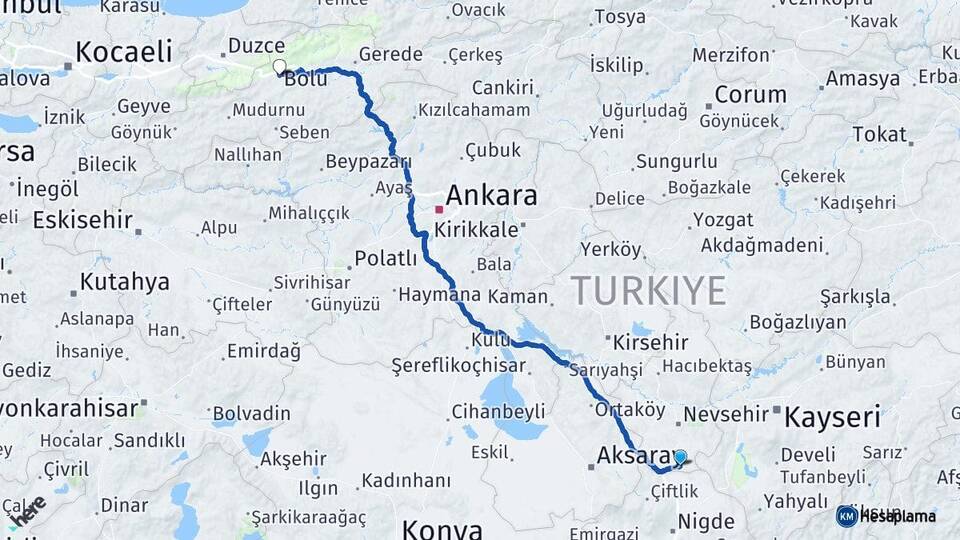 Nevşehir Derinkuyu Bolu Arası Kaç Km - Yol Haritası