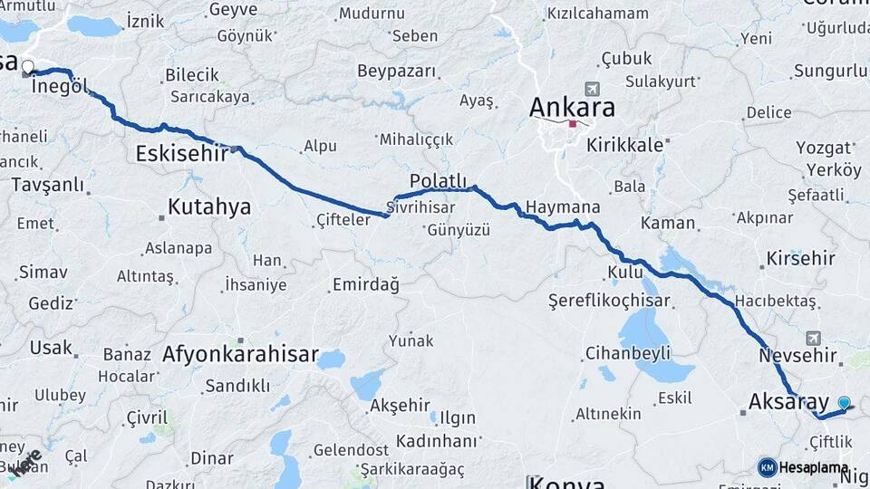 Nevşehir Derinkuyu Bursa Arası Kaç Km - Yol Haritası