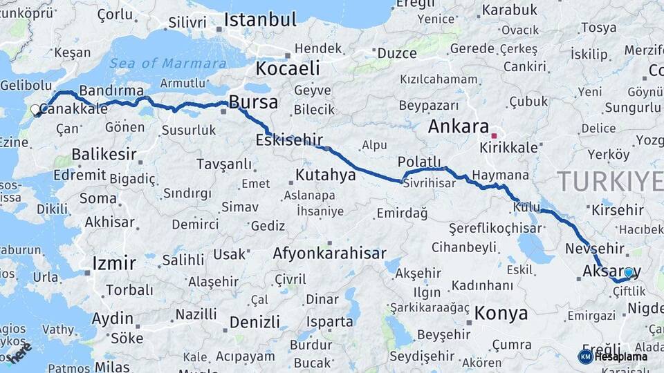 Nevşehir Derinkuyu Çanakkale Arası Kaç Km - Yol Haritası
