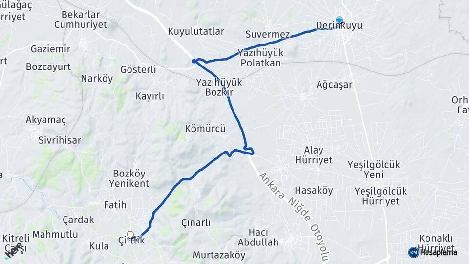 Nevşehir Derinkuyu Çiftlik Niğde Arası Kaç Km - Yol Haritası