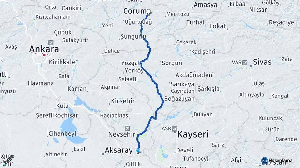 Nevşehir Derinkuyu Çorum Arası Kaç Km - Yol Haritası