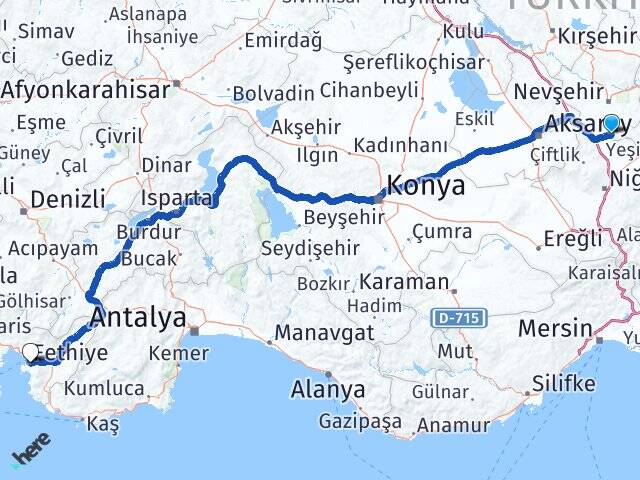 Nevşehir Derinkuyu Fethiye Muğla Arası Kaç Km - Yol Haritası