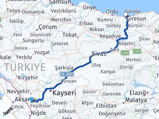Nevşehir Derinkuyu Giresun Arası Kaç Km - Yol Haritası