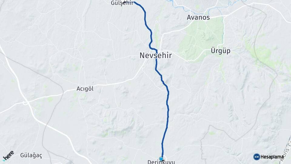 Nevşehir Derinkuyu Gülşehir Arası Kaç Km - Yol Haritası