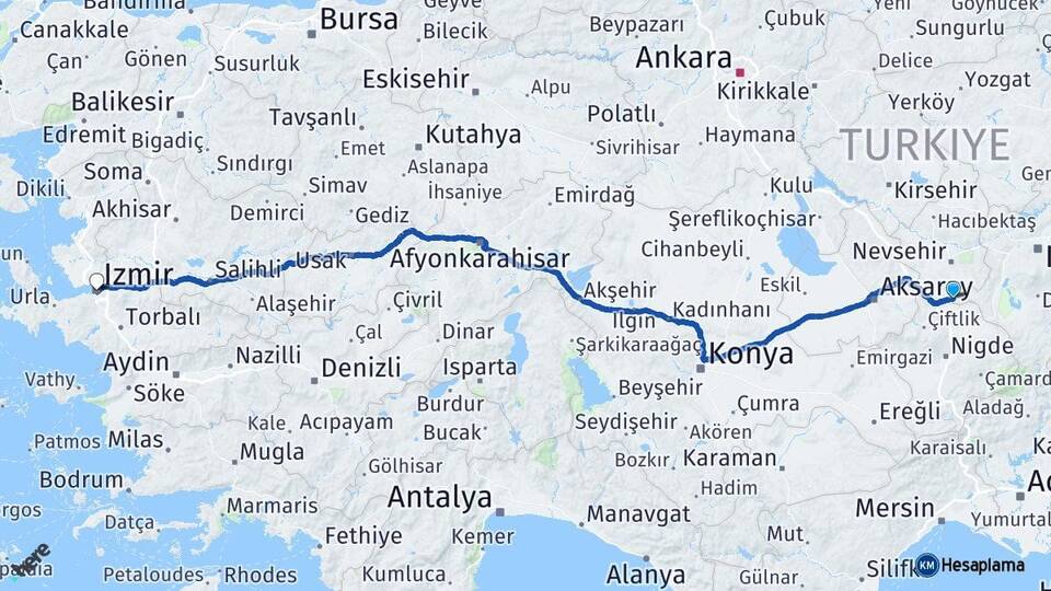 Nevşehir Derinkuyu İzmir Arası Kaç Km - Yol Haritası