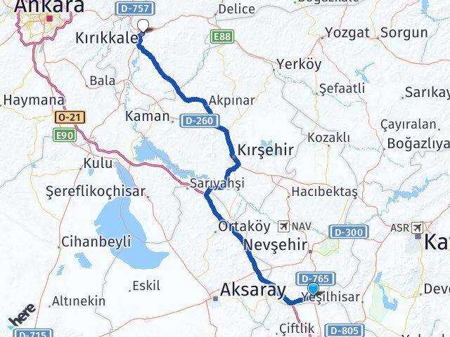 Nevşehir Derinkuyu Kırıkkale Arası Kaç Km - Yol Haritası