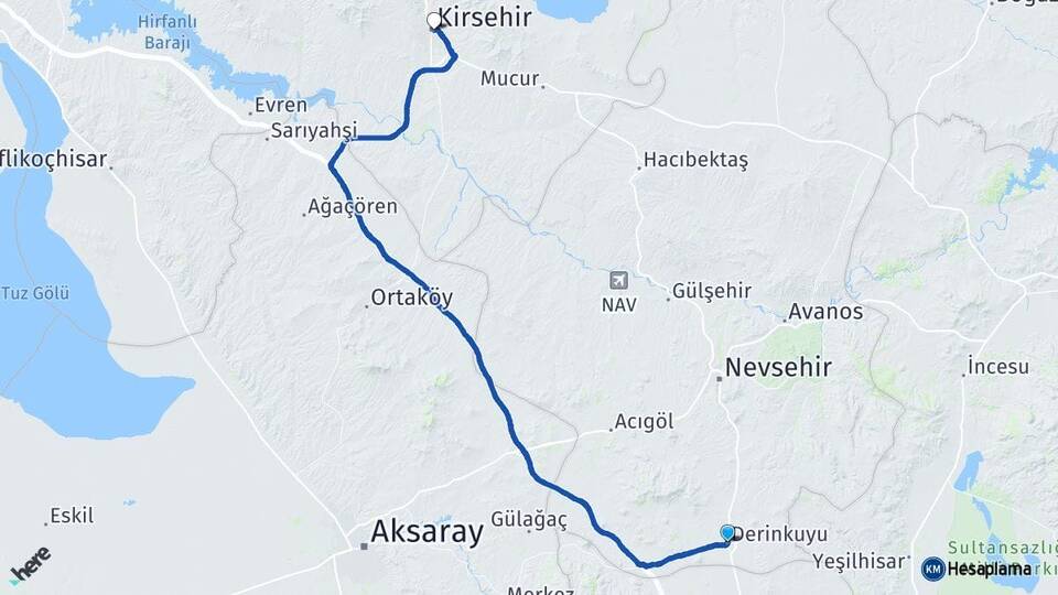 Nevşehir Derinkuyu Kırşehir Arası Kaç Km - Yol Haritası