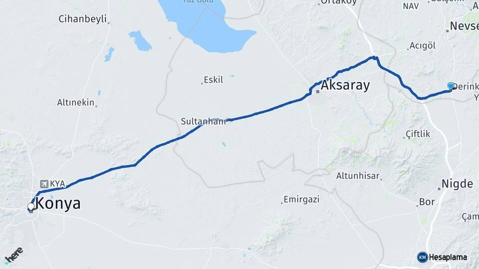 Nevşehir Derinkuyu Konya Arası Kaç Km - Yol Haritası