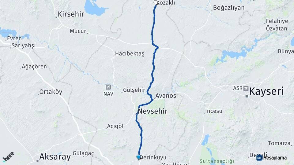 Nevşehir Derinkuyu Kozaklı Arası Kaç Km - Yol Haritası