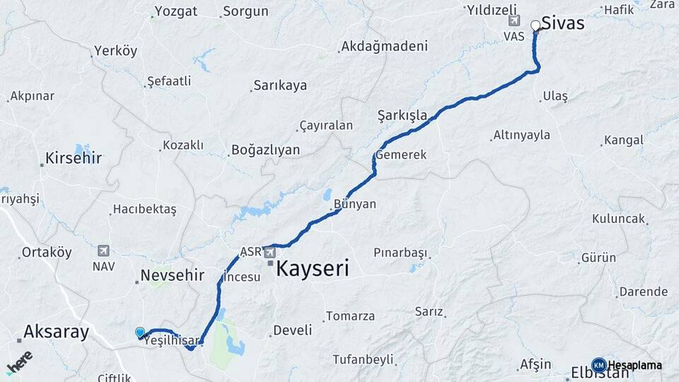Nevşehir Derinkuyu Sivas Arası Kaç Km - Yol Haritası