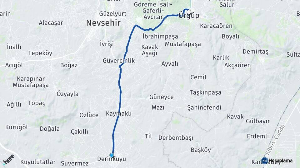 Nevşehir Derinkuyu Ürgüp Arası Kaç Km - Yol Haritası