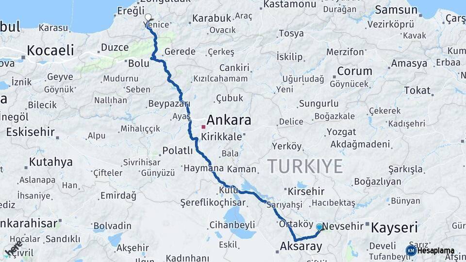 Nevşehir Devrek Zonguldak Arası Kaç Km - Yol Haritası