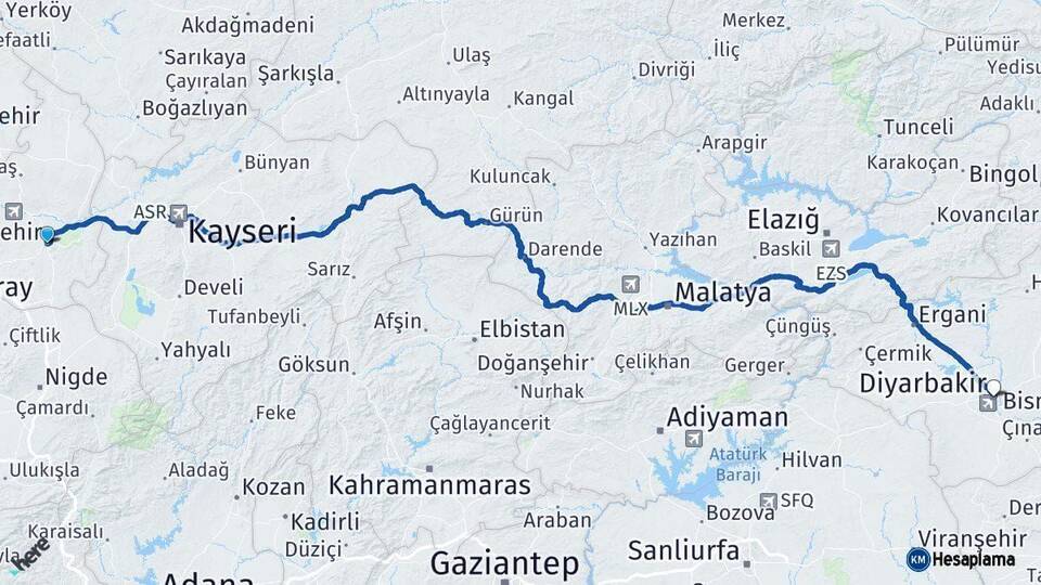 Nevşehir Diyarbakır Arası Kaç Km - Yol Haritası