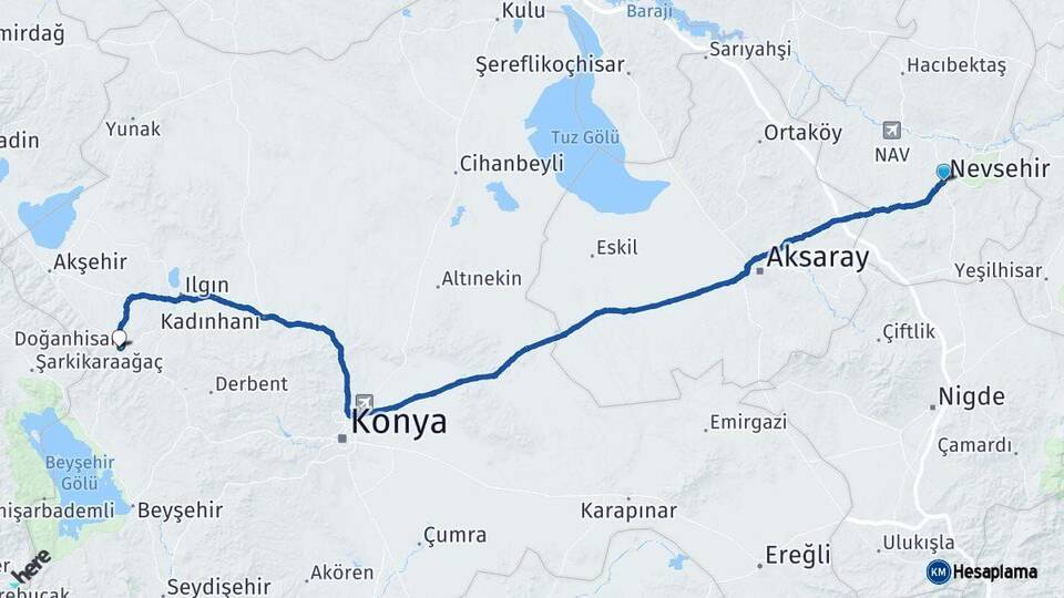 Nevşehir Doğanhisar Konya Arası Kaç Km - Yol Haritası