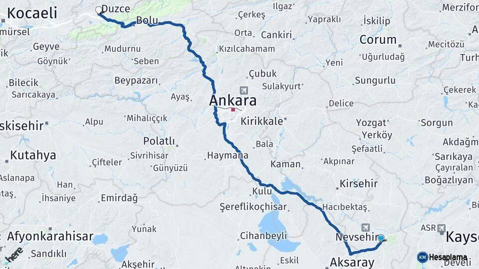 Nevşehir Düzce Arası Kaç Km - Yol Haritası