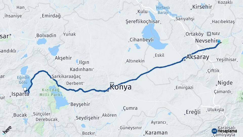 Nevşehir Eğirdir Isparta Arası Kaç Km - Yol Haritası