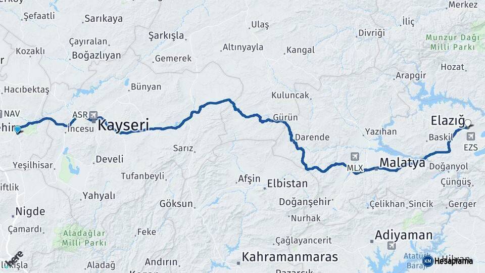 Nevşehir Elazığ Arası Kaç Km - Yol Haritası