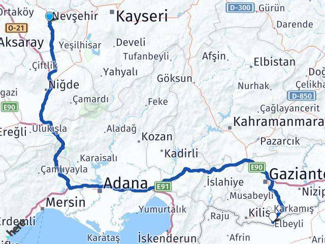Nevşehir Elbeyli Kilis Arası Kaç Km - Yol Haritası