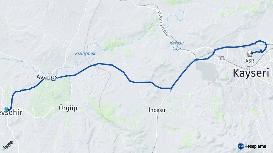 Nevşehir Erkilet Havalimanı Arası Kaç Km - Yol Haritası