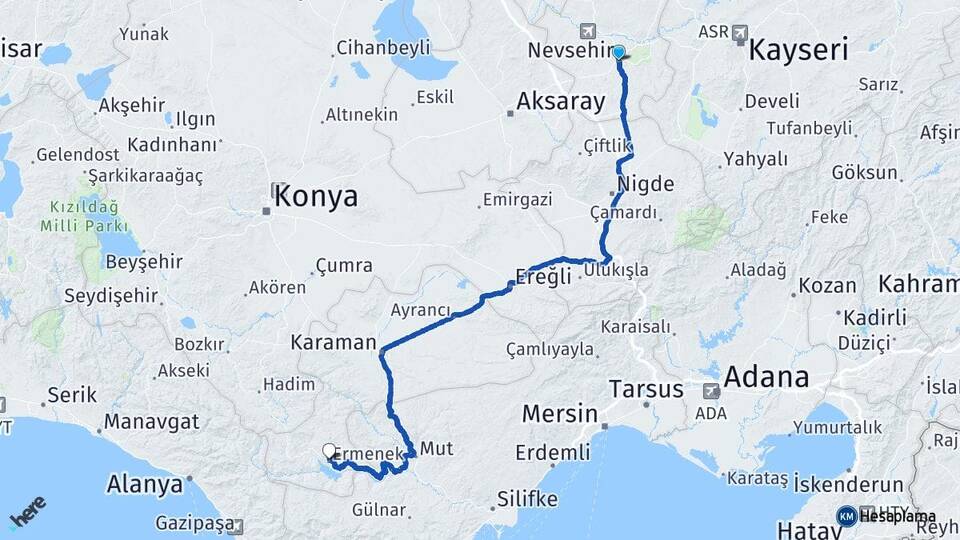 Nevşehir Ermenek Karaman Arası Kaç Km - Yol Haritası