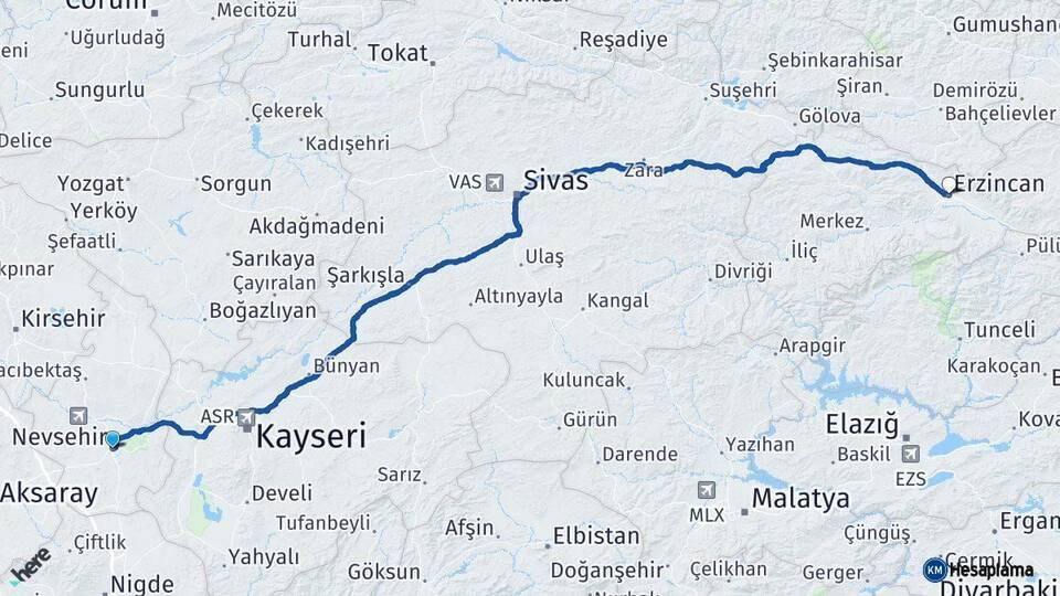 Nevşehir Erzincan Arası Kaç Km - Yol Haritası