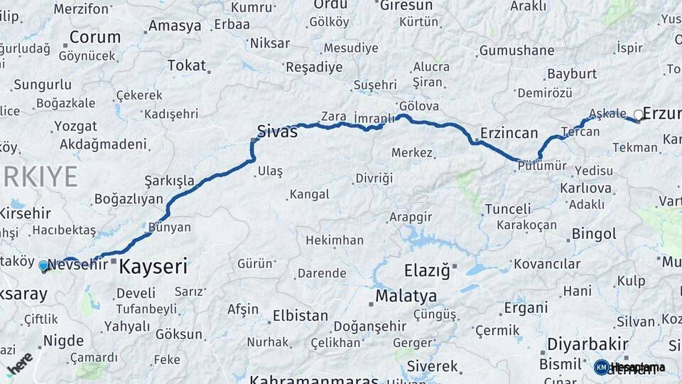 Nevşehir Erzurum Arası Kaç Km - Yol Haritası