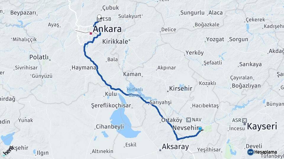 Nevşehir Esenboğa Havalimanı Arası Kaç Km - Yol Haritası