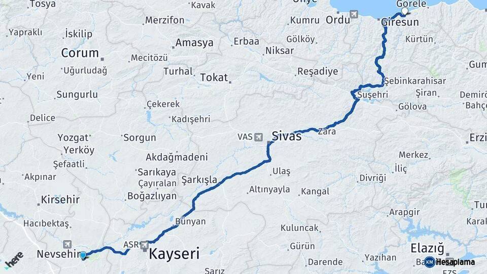 Nevşehir Espiye Giresun Arası Kaç Km - Yol Haritası