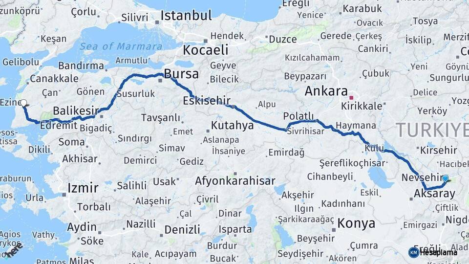 Nevşehir Ezine Çanakkale Arası Kaç Km - Yol Haritası
