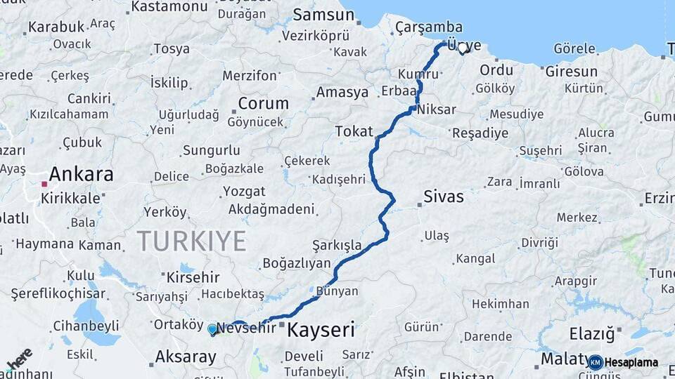 Nevşehir Fatsa Ordu Arası Kaç Km - Yol Haritası