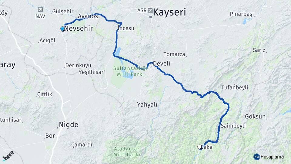 Nevşehir Feke Adana Arası Kaç Km - Yol Haritası