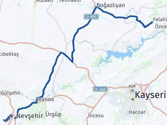 Nevşehir Felahiye Kayseri Arası Kaç Km - Yol Haritası