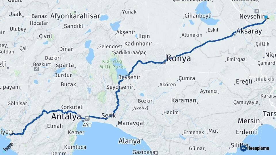 Nevşehir Fethiye Muğla Arası Kaç Km - Yol Haritası