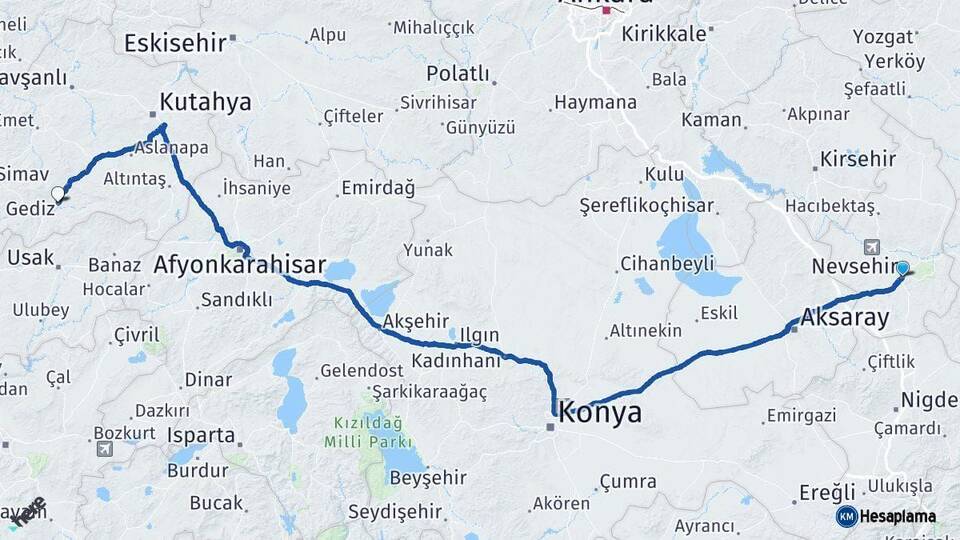 Nevşehir Gediz Kütahya Arası Kaç Km - Yol Haritası
