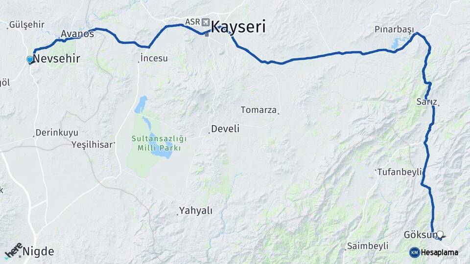 Nevşehir Göksun Kahramanmaraş Arası Kaç Km - Yol Haritası