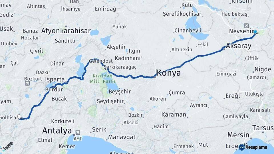 Nevşehir Gölhisar Burdur Arası Kaç Km - Yol Haritası