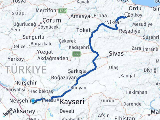 Nevşehir Gölköy Ordu Arası Kaç Km - Yol Haritası