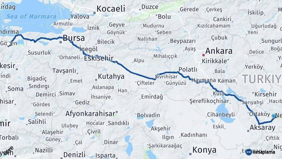 Nevşehir Gönen Balıkesir Arası Kaç Km - Yol Haritası
