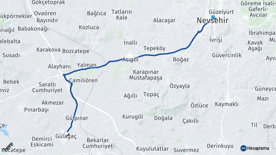 Nevşehir Gülağaç Aksaray Arası Kaç Km - Yol Haritası