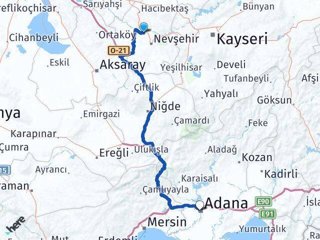 Nevşehir Gülşehir Adana Arası Kaç Km - Yol Haritası