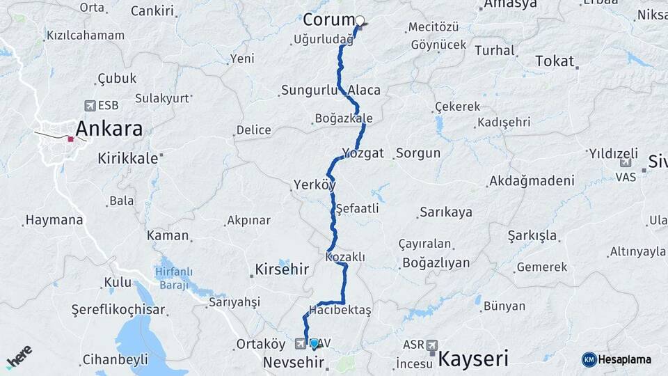 Nevşehir Gülşehir Çorum Arası Kaç Km - Yol Haritası