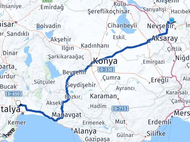 Nevşehir Gülşehir Döşemealtı Antalya Arası Kaç Km - Yol Haritası
