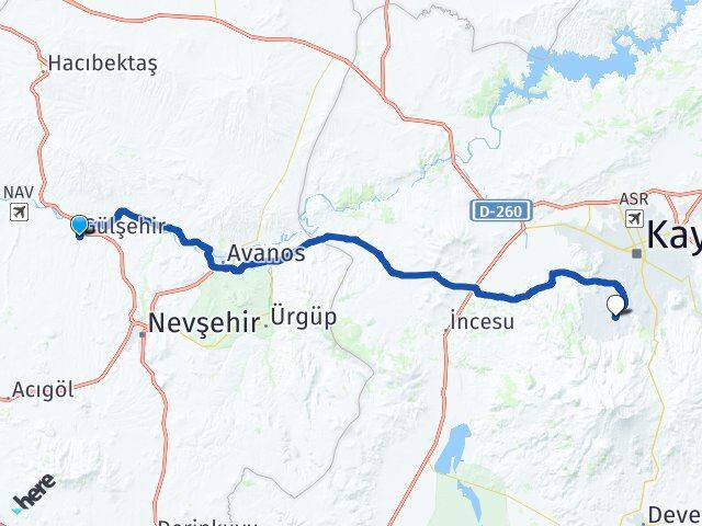 Nevşehir Gülşehir Hacılar Kayseri Arası Kaç Km - Yol Haritası