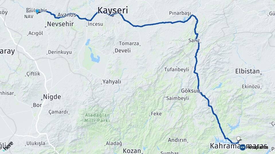 Nevşehir Gülşehir Kahramanmaraş Arası Kaç Km - Yol Haritası
