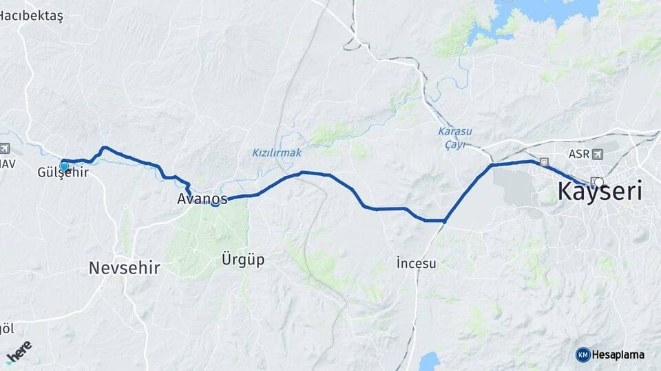 Nevşehir Gülşehir Kayseri Arası Kaç Km - Yol Haritası